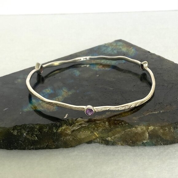 Sterling Silver 925 India IW Modernist Hammered Amethyst Oval Bangle Bracelet - Picture 1 of 16